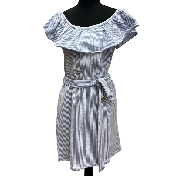 NWT $140 Michael Kors Striped Off Shoulder Dress Ruffle Belted Blue White Medium - Picture 1 of 7